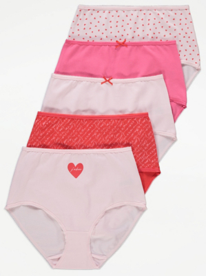 Pink Valentines Full Brief Knickers 5 Pack Lingerie at ASDA