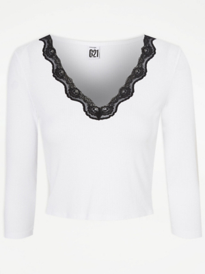 Lace Trim Ribbed Long Sleeve T-Shirt main image 0