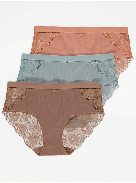 Pastel Ribbed Lace Trim Midi Knickers 3 Pack, Lingerie