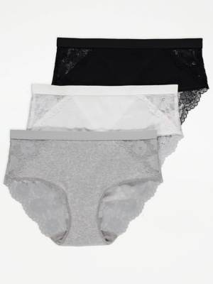 Ribbed Lace Trim Midi Knickers 3 Pack Lingerie at ASDA