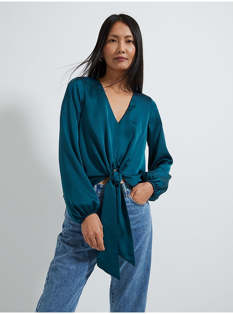 Teal Tie Front Satin Blouse | Women | George at ASDA