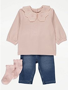 Pink Collared Top Jeggings and Socks 3 Piece Outfit