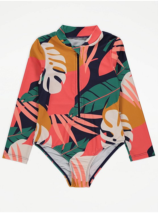 Tropical Print Long Sleeve Zip Front Swimsuit