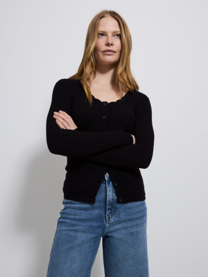Black Ribbed Scalloped Cardigan | Women | George at ASDA