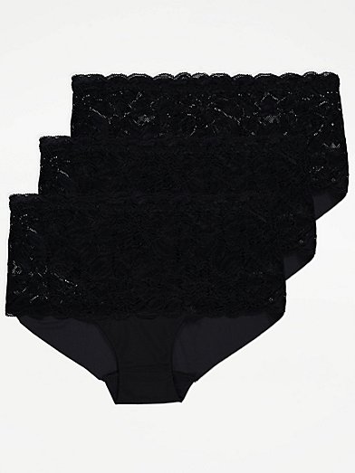 Black Lace Midi Knickers 3 Pack, Lingerie