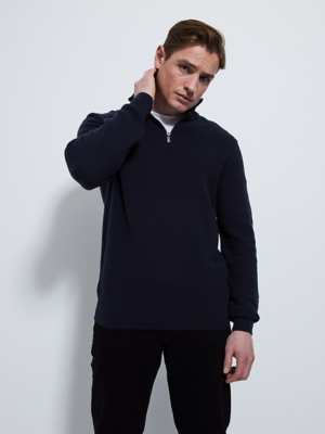 Navy Quarter Zip Textured Knitted Jumper | Men | George at ASDA