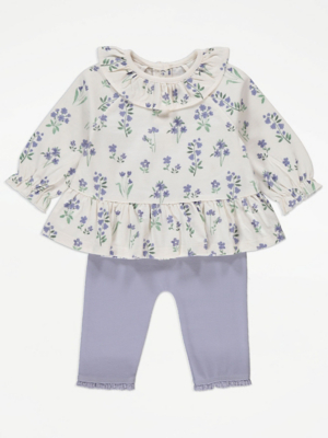 Lilac Floral Frilly Blouse and Leggings Outfit Baby at ASDA