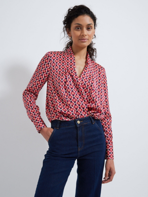 Black Patterned Wrap Front Satin Blouse | Women | George at ASDA