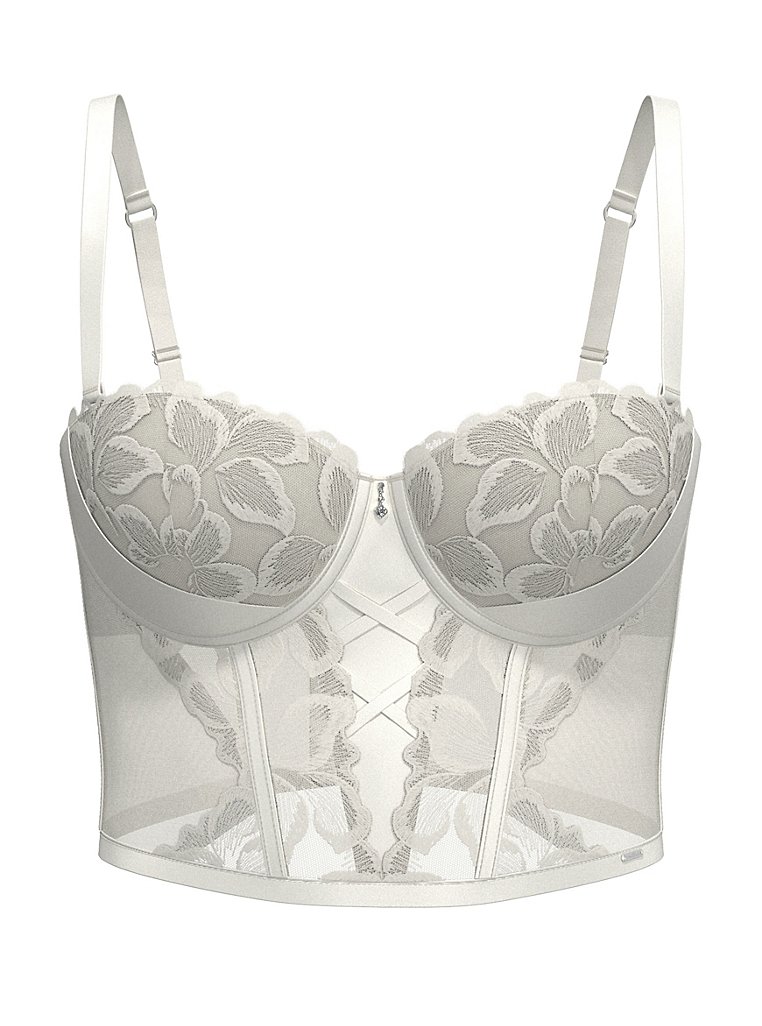 Entice White Bridal Embroidered Bustier Longline Bra, Lingerie