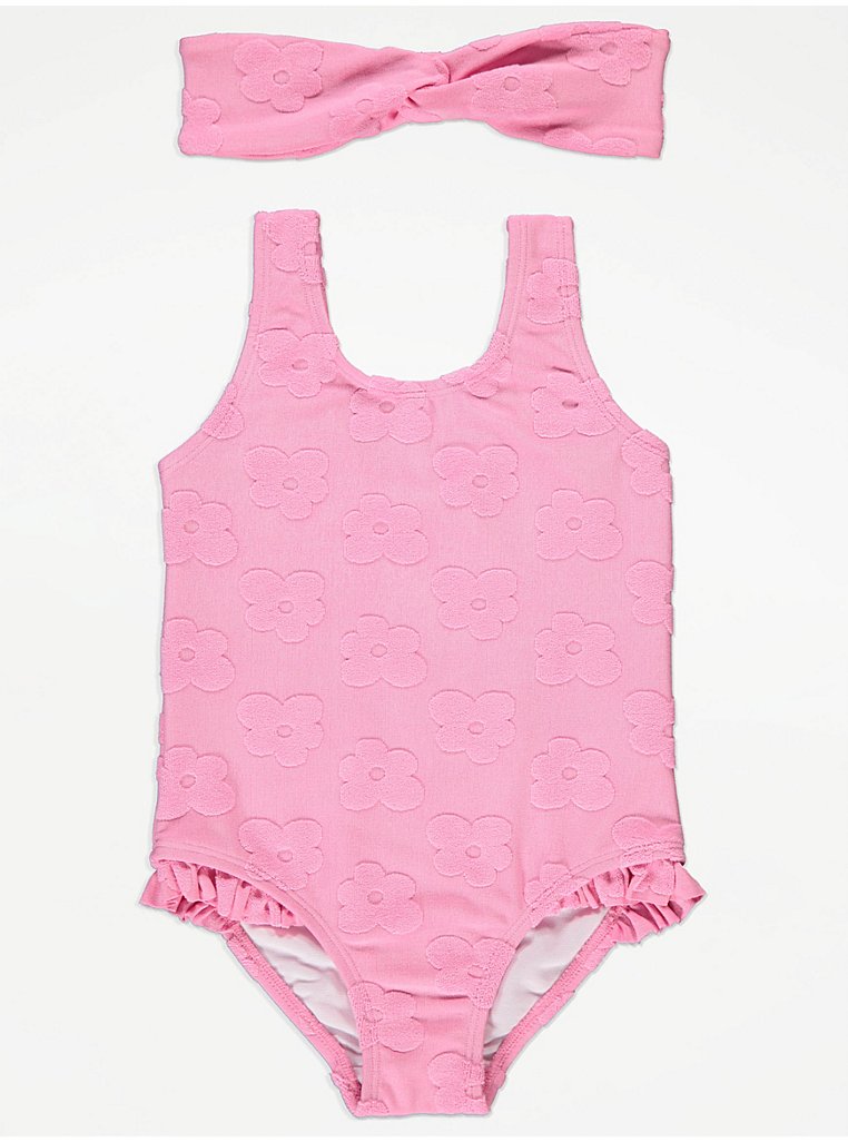 Pink Floral Towelling Swimsuit and Headband, Kids