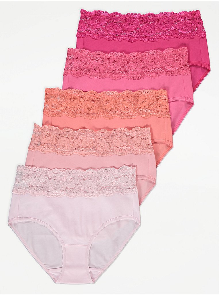 Bright Pink Lace Top Midi Knickers 5 Pack, Lingerie