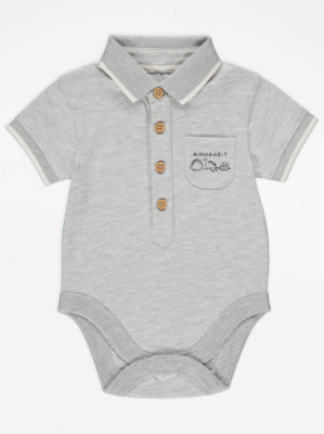 Grey Marl Stripe Dinosaur Polo Bodysuit Baby at ASDA