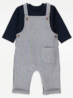 Navy Stripe Dungarees and Long Sleeve Bodysuit Outfit Baby