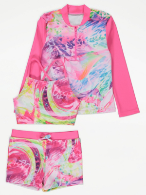 Pink Swirl Rash Vest Swim Top and Shorts Set Kids at ASDA