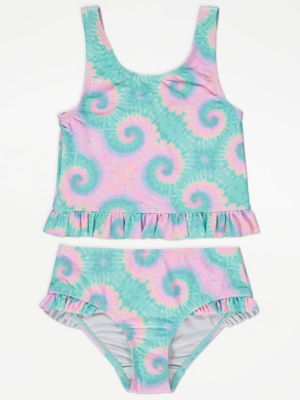 Aqua Swirl Tie Dye Frill Tankini Kids at ASDA