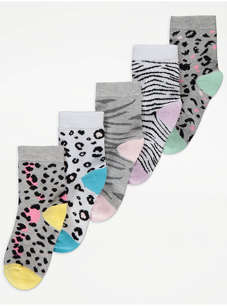 Grey Animal Print Cotton Rich Ankle Socks 5 Pack | Kids | George at ASDA