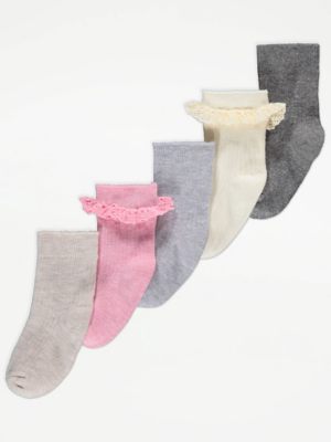 Ribbed Frilly Cotton Rich Ankle Socks 5 Pack Kids at ASDA