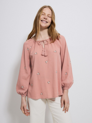 Beige Wildflower Floral Embroidered Long Sleeve Blouse