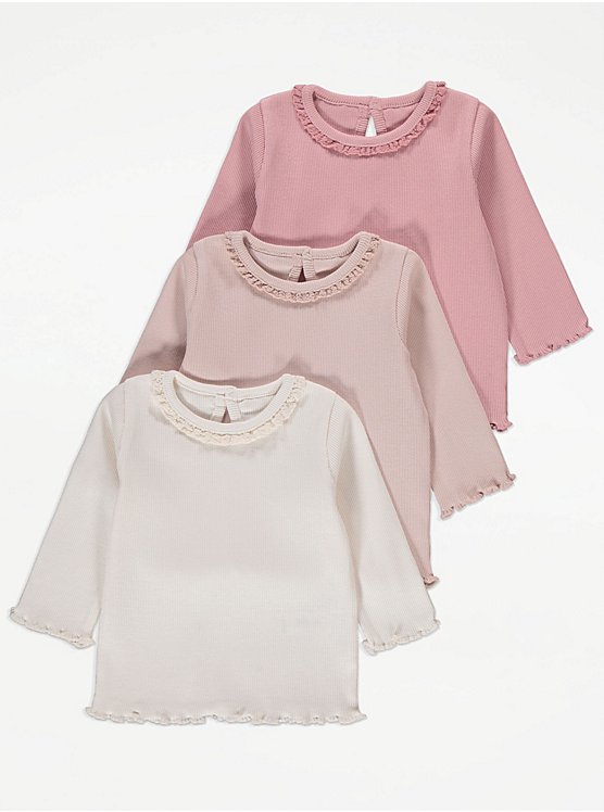Assorted Frill Trim Ribbed Long Sleeve Tops 3 Pack
