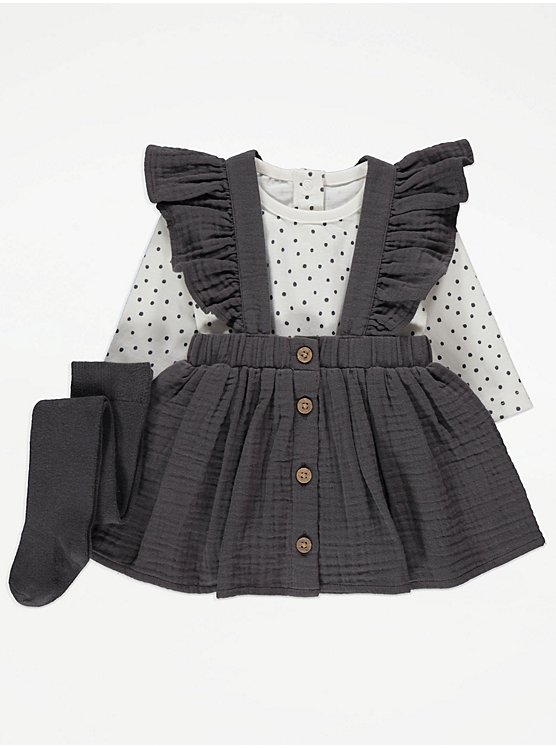 Charcoal Woven Frill Dress and Spot Bodysuit Outfit