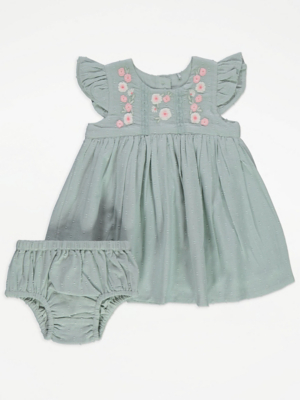 Sage Green Flower Embroidery Dress and Bloomers Outfit