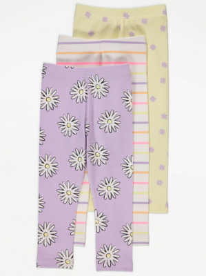 Daisy Floral Stripe Leggings 3 Pack Kids at ASDA