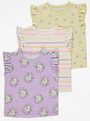 Daisy Floral Stripe Frill Tops 3 Pack Kids at ASDA