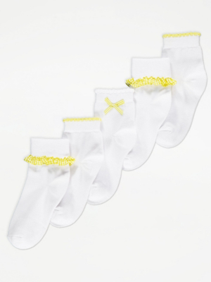 Girls' Big Full Ruffle Pageant Socks – White With Yellow Trim (Nylon & Organza)
