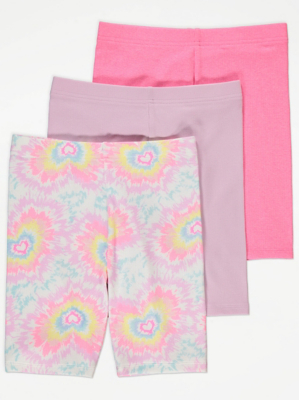 Pink Heart Tie Dye Ribbed Cycling Shorts 3 Pack Kids at ASDA