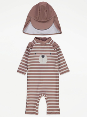 Striped Bear All In One Sunsafe Swimsuit and Keppi Hat
