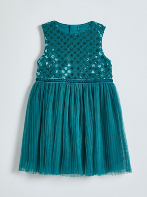 Teal Floral Sequin Pleated Dress