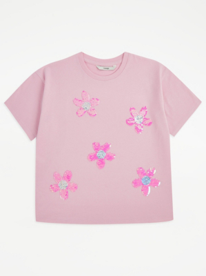 Pink Flip Sequin Flower TShirt Kids at ASDA