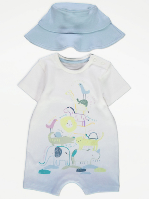 Blue Safari Romper and Keppi Hat Outfit Baby at ASDA