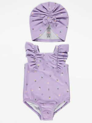 Lilac Floral Frill Swimsuit and Turban Outfit Baby George at ASDA