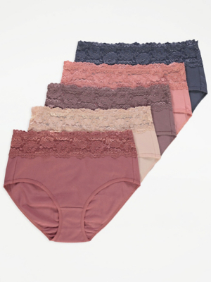 Lace Trim Midi Brief Knickers 5 Pack Lingerie at ASDA