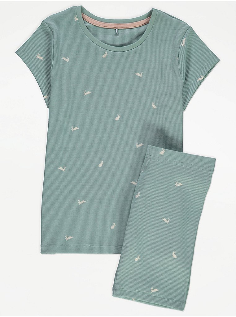 Sage Green Bunny Ribbed Short Pyjamas, Kids