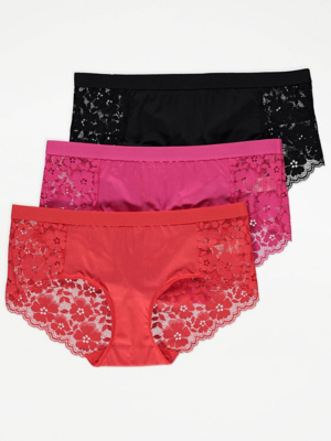 Lace Back Short Knickers 3 Pack Lingerie at ASDA
