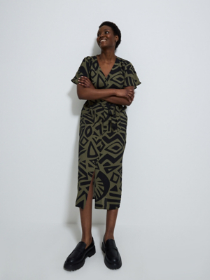 Khaki Geometric Button Front Belted Midi Dress | Women | George at ASDA