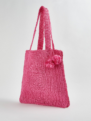 Pink Straw Crochet Beach Tote Bag | Women | George at ASDA