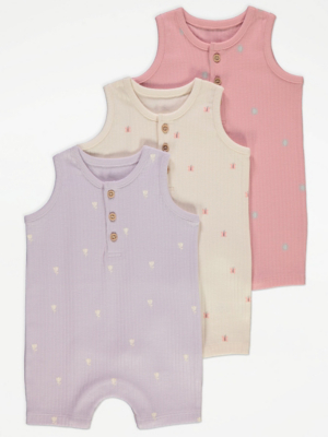 Ribbed Button Front Sleeveless Rompers 3 Pack | Baby | George at ASDA