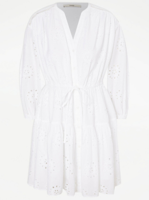 White Embroidered Button Through Tiered Mini Dress - Main Image