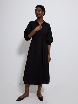 Black Linen Blend Balloon Sleeve Shirt Dress | Women | George at ASDA