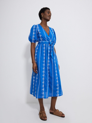 Blue Embroidered Wrap Belted Midi Dress Women George at ASDA