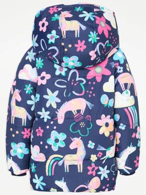 Navy Unicorn Floral Hooded Padded Coat Kids George at ASDA