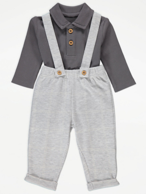 Grey Collared Bodysuit and Dungaree Outfit Baby at ASDA