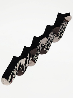Black Animal Print Trainer Liner Socks 5 Pack Lingerie at ASDA