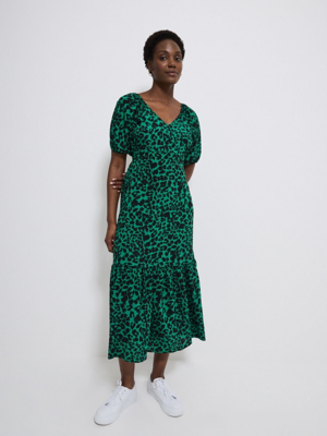 slim fit dress slacks Aine Green Blue Leopard Print Long Sleeve Midi Dress