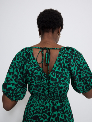 Ladies Dresses Green Animal Print Dress Uk Green Animal Print V Neck Puff  Sleeve Dress Women