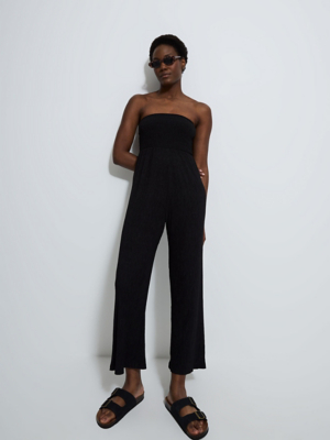 Shirred Bodice Bandeau Print Jumpsuit - Black/Cream/Chocolate