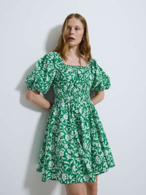 Green Floral Shirred Waist Puff Sleeve Mini Dress | Women | George